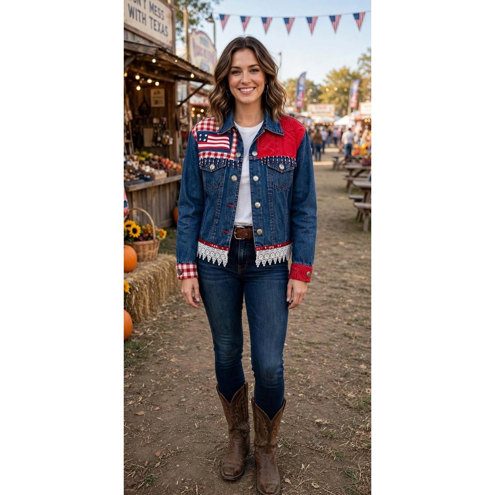 Don't Mess With Texas Denim Jacket L American Flag‎ Patchwork Western Cowboy USA